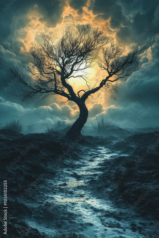 Aufkleber a tree is in the middle of a path in a dark, stormy sky. the sky is filled with clouds and the sun i