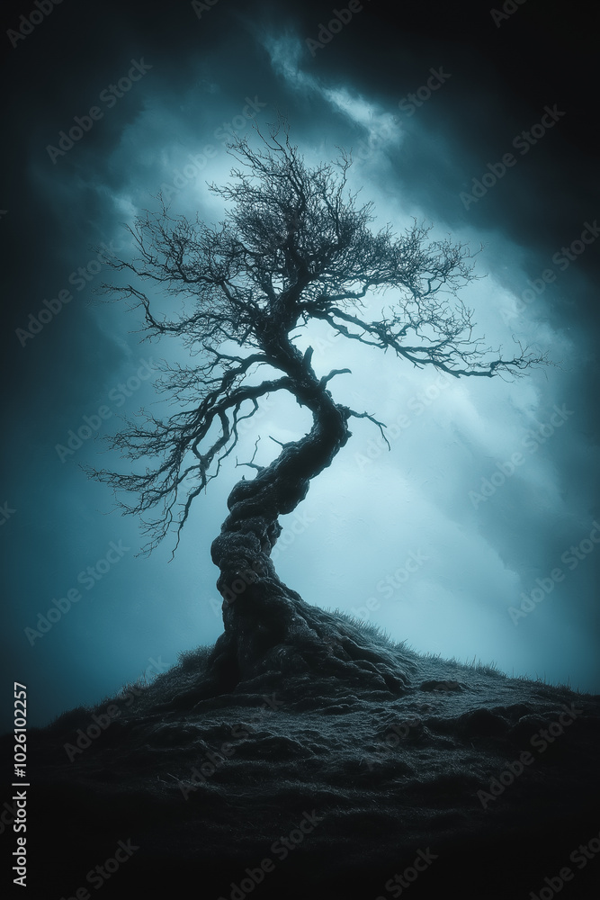 Poster a tree with a twisted trunk is standing on a hill in the dark. scene is eerie and mysterious