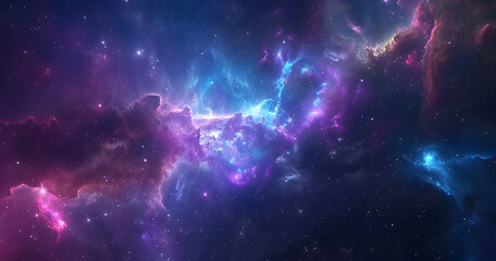 A cosmic background featuring the ethereal photosphere of a nebula, stars, and galaxies, glowing with vibrant colors.