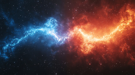 Obraz premium Nebula clouds of fire and ice swirling together, cosmic conflict in vibrant red and blue, vast universe backdrop, space elements, universal contrast.