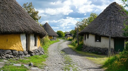 Fototapeta premium Rustic Village Pathway with Thatched Roof Cottages