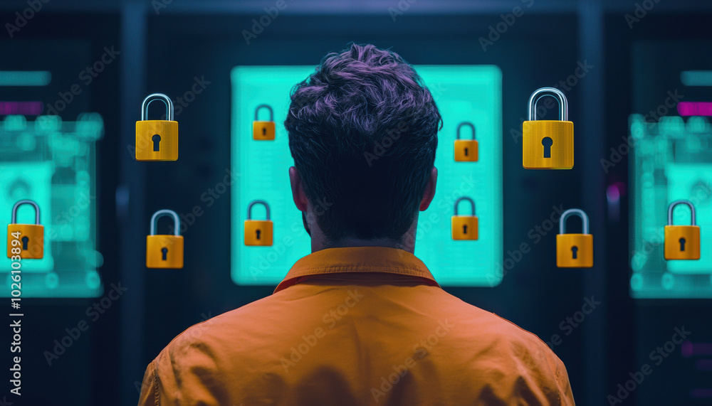 Poster man surrounded by floating padlocks on a holographic screen, a man in an orange suit studies securit
