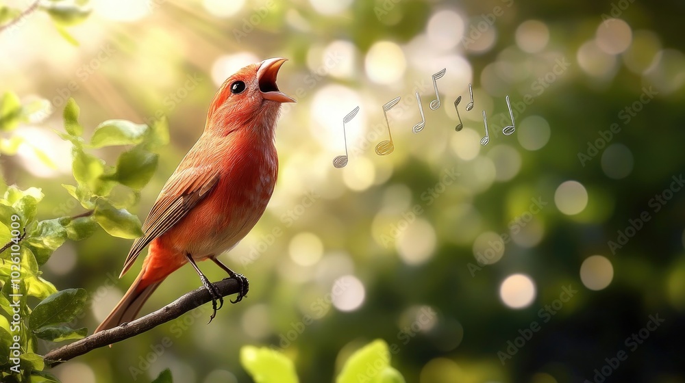 Poster high-resolution 3d animated cartoon image of a singing bird perched on a branch, chirping with music