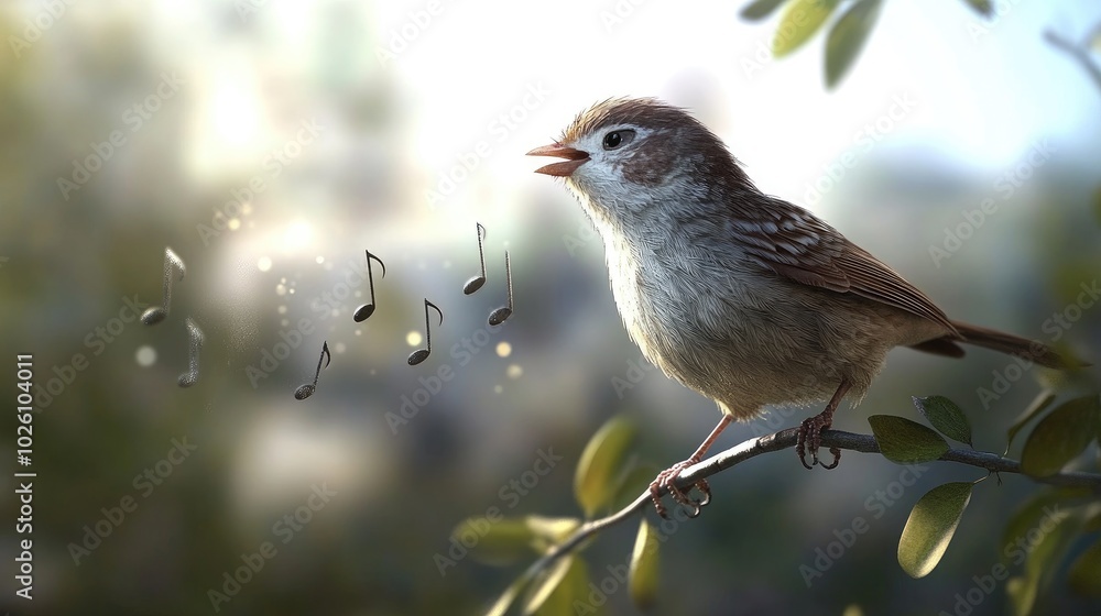 Poster high-resolution 3d animated cartoon image of a singing bird perched on a branch, chirping with music