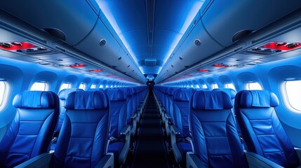 Fototapeta premium This image captures the interior of a modern airplane, highlighting its sleek design featuring rows of luxurious seats with ambient lighting for passenger comfort