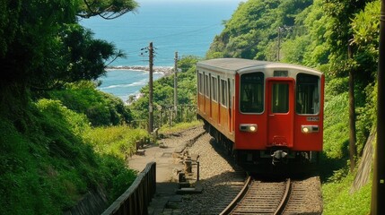 Obraz premium A red and white train travels along a coastal track, surrounded by lush green foliage and a glimpse of the blue ocean.