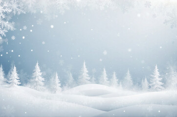 Fototapeta premium Winter landscape background. Snowing forest with fir trees on a snowy day.