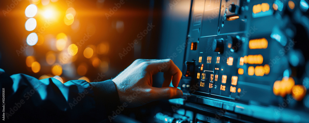Aufkleber close-up of a hand adjusting a control panel with illuminated buttons.