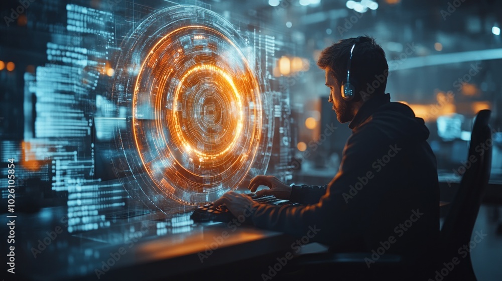 Poster A man is sitting in front of a computer screen with a glowing circle on it