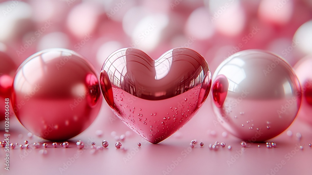 Poster metallic red pink glass spheres forming a heart shape floating against a soft pink minimalistic back