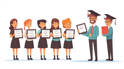 Obraz premium Graduation celebration with students holding certificates in caps and gowns, white isolated background.