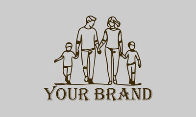 This continuous line illustration shows a family consisting of a father, mother and two small children walking happily together. The elegant minimalist art style with smooth lines creates a soft