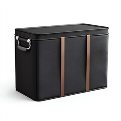 Stylish black storage box with handles and brown straps on a white isolated background.