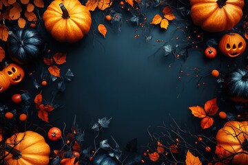 background for flatlay, theme is spooky halloween, dark background space is empty but outer edges are adorned with halloween themed elements, photo realistic 