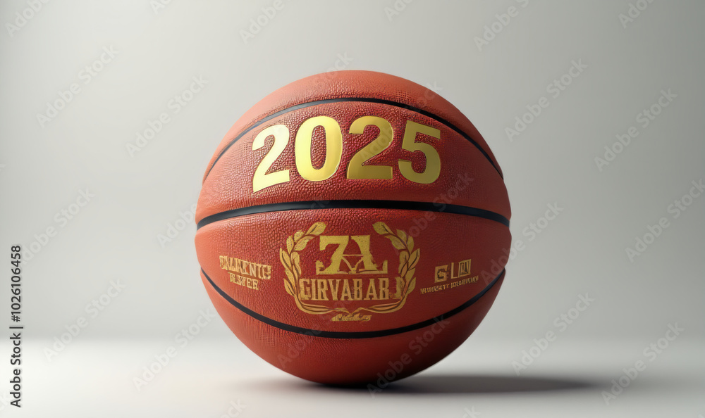 Aufkleber A basketball with golden lettering displaying the year 2025 stands out against a soft and serene light grey background._00001_