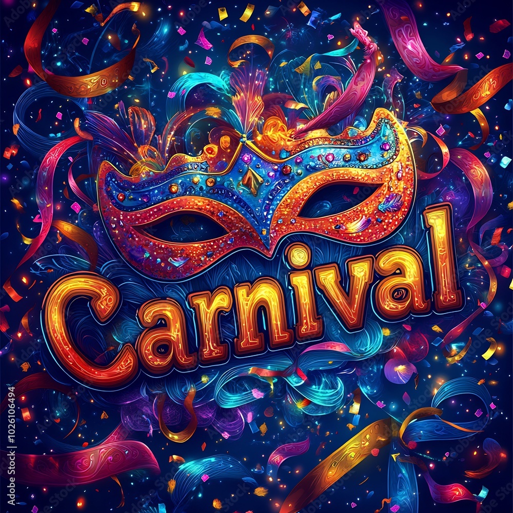 Poster neoncolored carnival text bold fonts accompanied by vibrant masks confetti and swirling ribbons with