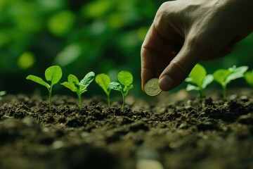 Hand Placing Coin Among Growing Plants