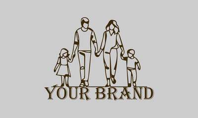 This continuous line illustration shows a family consisting of a father, mother and two small children walking happily together. The elegant minimalist art style with smooth lines creates a soft