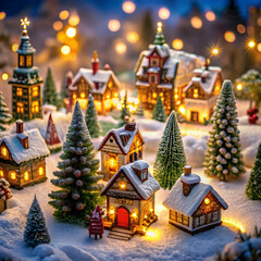 SnowCovered Christmas Tree and Village on Rustic Background