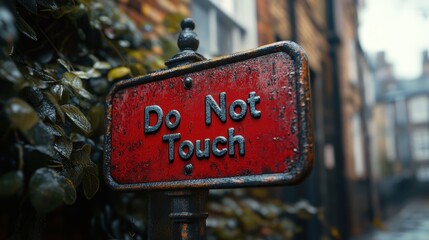 A weathered, rusted Do Not Touch sign with bold letters against a red background, situated on an old street with historic buildings and greenery, creating a nostalgic atmosphere