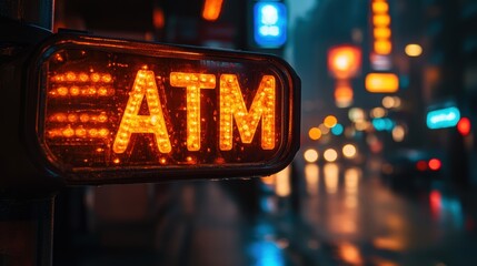 Obraz premium The close-up of a brightly lit ATM sign glowing in the vibrant and busy nightlife of an urban city street with blurred background
