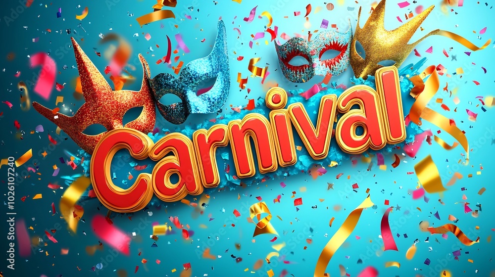 Poster colorful carnival text surrounded playful masks ribbons and confetti with a dynamic gradient backgro