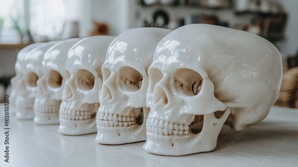 Aufkleber a row of white skulls are lined up on a table. the skulls are all the same size and shape, and they 