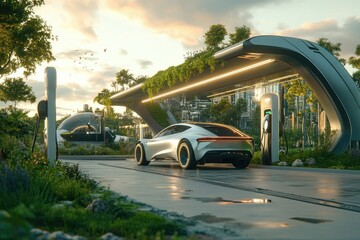 Naklejka premium Futuristic Electric Car at Charging Station