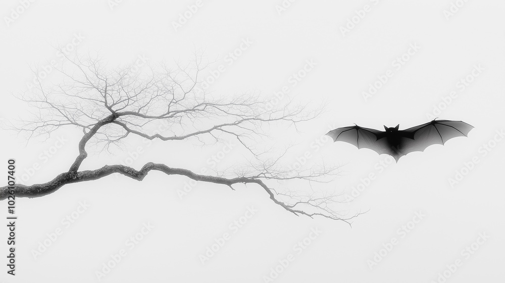 Poster a bat flies over a tree branch in a black and white photo. the image has a moody and mysterious feel