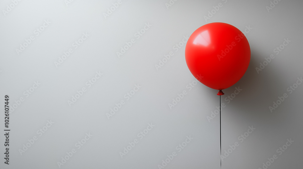 Poster a red balloon is floating in the air above a white wall. the balloon is the only object in the image
