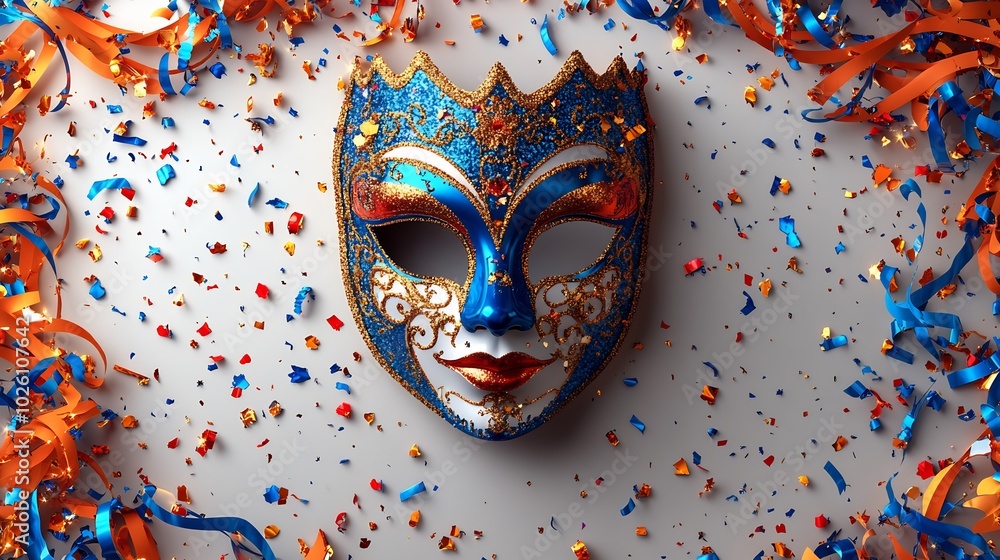 Poster multicolored carnival mask banner bold intricate details surrounded by playful streamers and confett