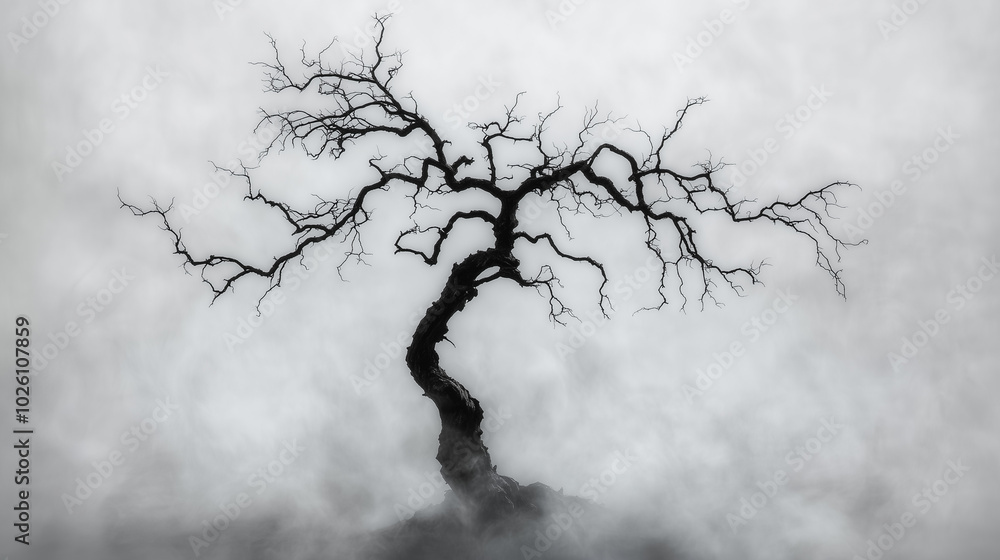 Poster a tree with no leaves is standing in the fog. the tree is tall and thin, with branches reaching out 