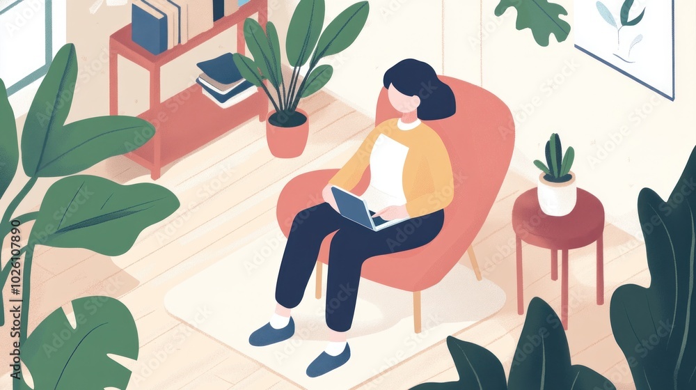 Poster woman with notebook device during break in busy co-working space