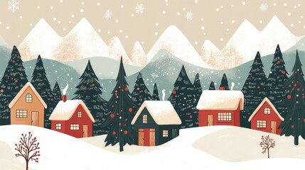 A holiday postcard showcasing snowy mountains, pine trees, and cozy cabins, with space for a seasonal greeting.