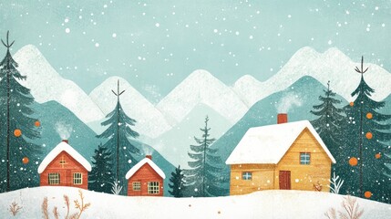 A holiday postcard showcasing snowy mountains, pine trees, and cozy cabins, with space for a seasonal greeting.