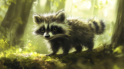 Naklejka premium Cute Raccoon Exploring Lush Forest with Sunbeams Wildlife Nature Photography Forest Wildlife
