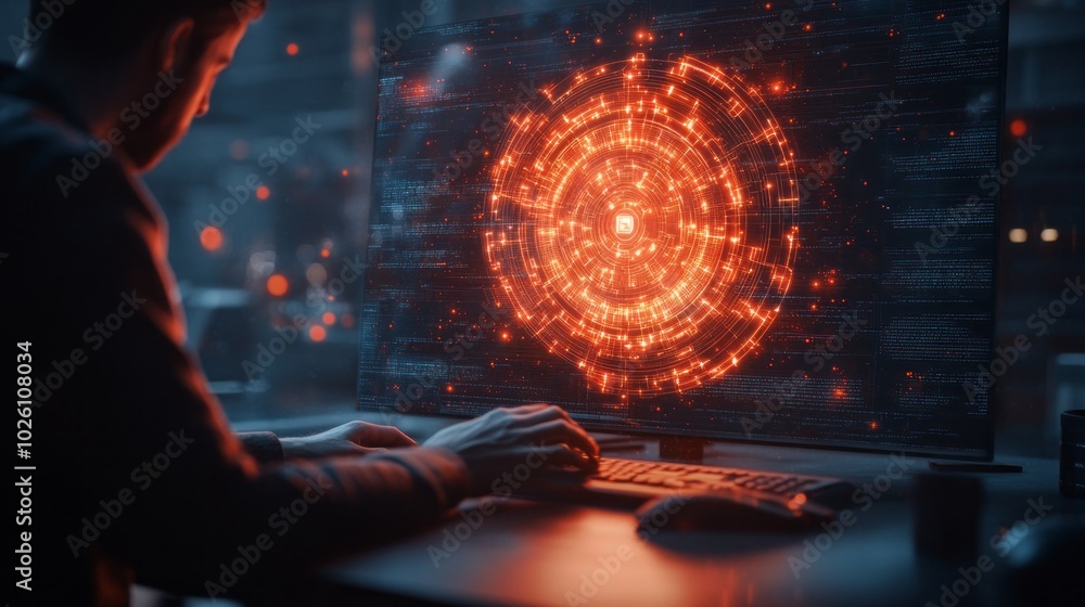 Poster A man is typing on a computer with a glowing red circle on the screen