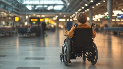 Boy using motorized wheelchair navigating through a busy airport