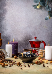 Relaxing spa scene with coffee elements and handmade soap on a table with copy space