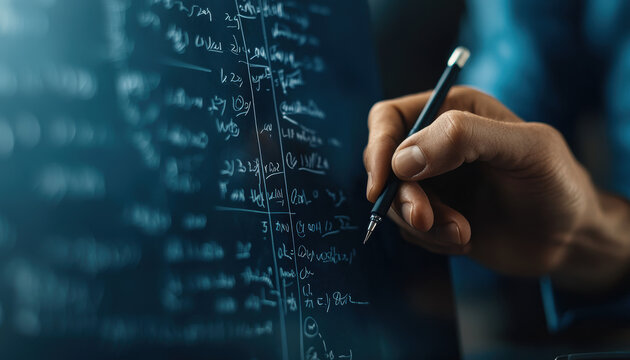Close-up of a hand writing complex mathematical formulas on a digital screen.
