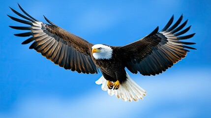 Obraz premium A majestic bald eagle soaring high in the sky, wings spread wide against a clear blue backdrop.