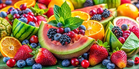 Obraz premium Refreshing Summer Fruit Medley: Colorful Berries, Juicy Melons, and Tropical Delights for a Perfect Seasonal Treat