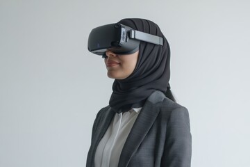 Business woman in Hijab wearing goggles engaged Virtual Reality Experience