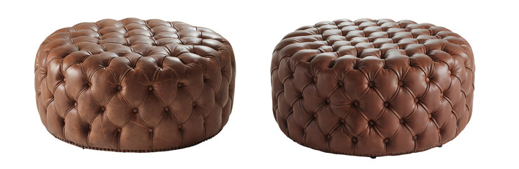 Naklejka premium Round Brown Ottoman Pouf Set with Tufted Leather Upholstery. Perfect for Living Rooms or Lounges. Front View Cut Out on Transparent Background PNG