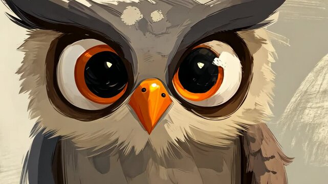 A cartoon owl with big, orange eyes stares directly at the camera