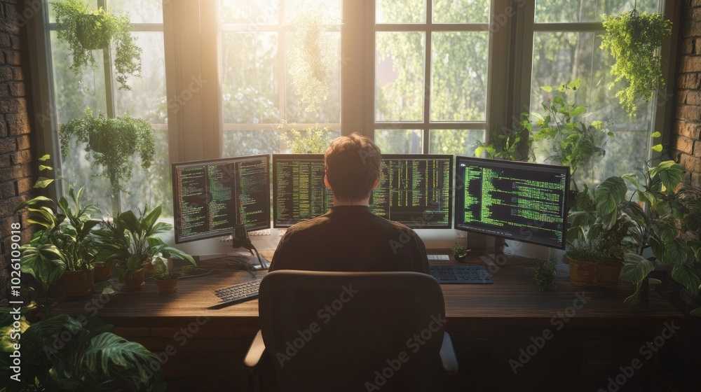 Poster developer focused on ai algorithms amid digital data streams in modern office
