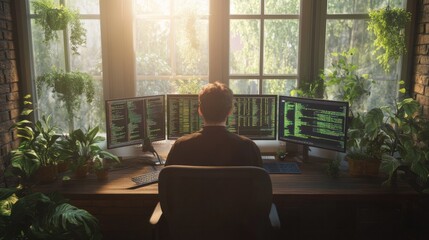 Developer focused on AI algorithms amid digital data streams in modern office