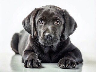 Fototapeta premium Long Exposure of a Black Labrador Retriever Puppy Lying on a White Background for Pet Photography