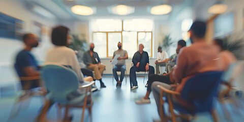 A blurred background of psychiatric patients in group therapy, emphasizing the importance of support in mental health treatment.