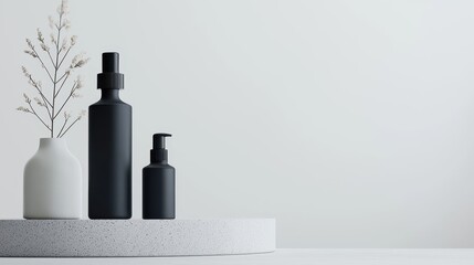 Minimalistic black cosmetic containers on white platform. Modern skincare packaging with a clean, elegant design for beauty products.
